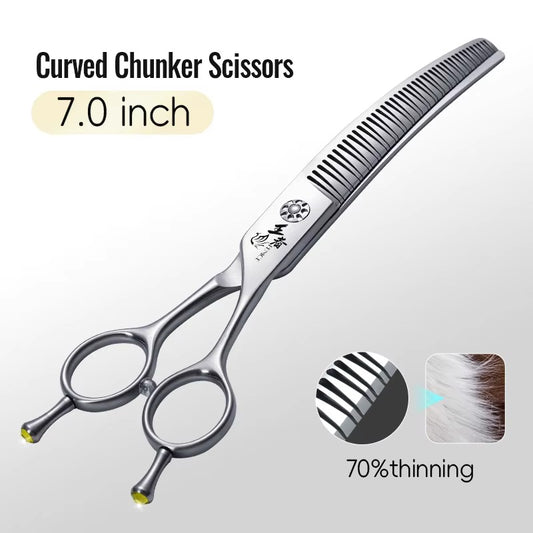 Fenice 7.0 Inch VG10 Steel 3D Gradient Traceless Teeth Pet Curved_Straight Chunker Scissors Bearing Screws Pet Grooming Shears