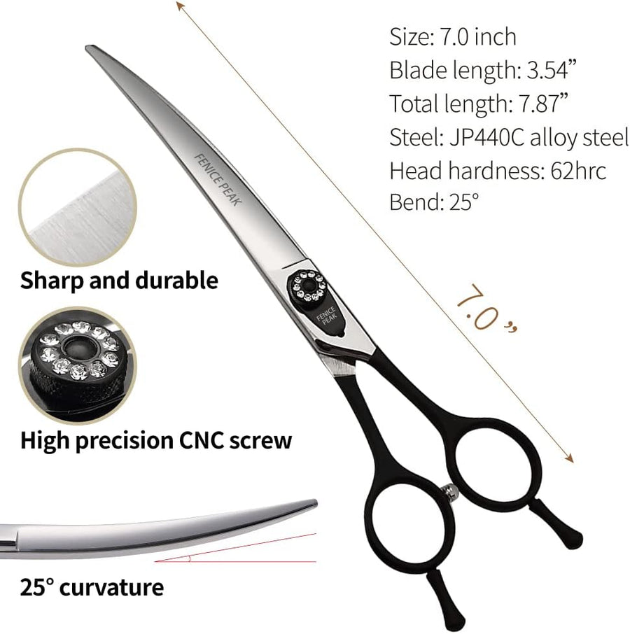 Dog Grooming Curved Scissors for Pets, Japan 440C Stainless Steel, Sharp Blade, 