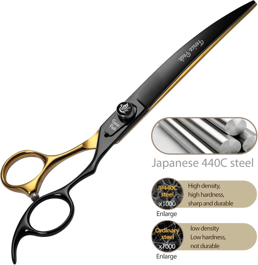 8'' Black Dog Grooming Scissors Goldern Curved Scissors with Ergonomic Offest Ha
