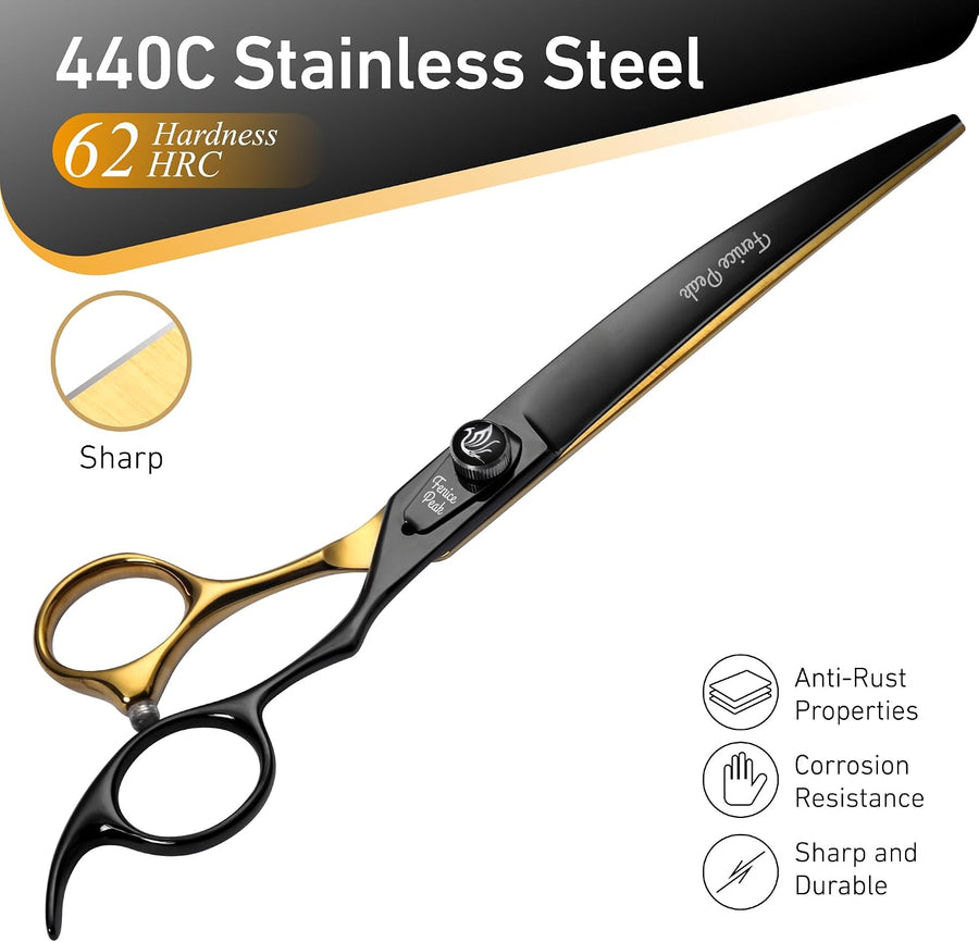 8'' Black Dog Grooming Scissors Goldern Curved Scissors with Ergonomic Offest Ha