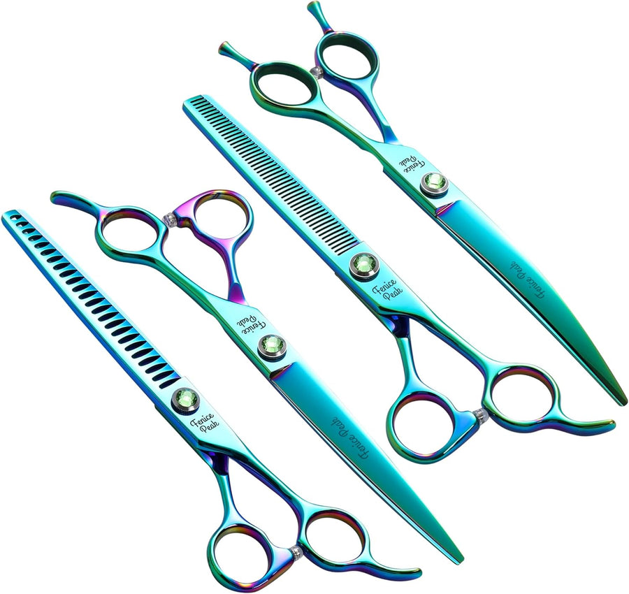 Green Dog Grooming Scissors Set Straight Thinning Curved and Chunker Shears 4PCS