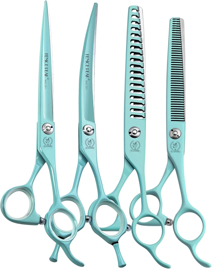 Green Dog Grooming Scissors Set Straight Thinning Curved and Chunker Shears 4PCS