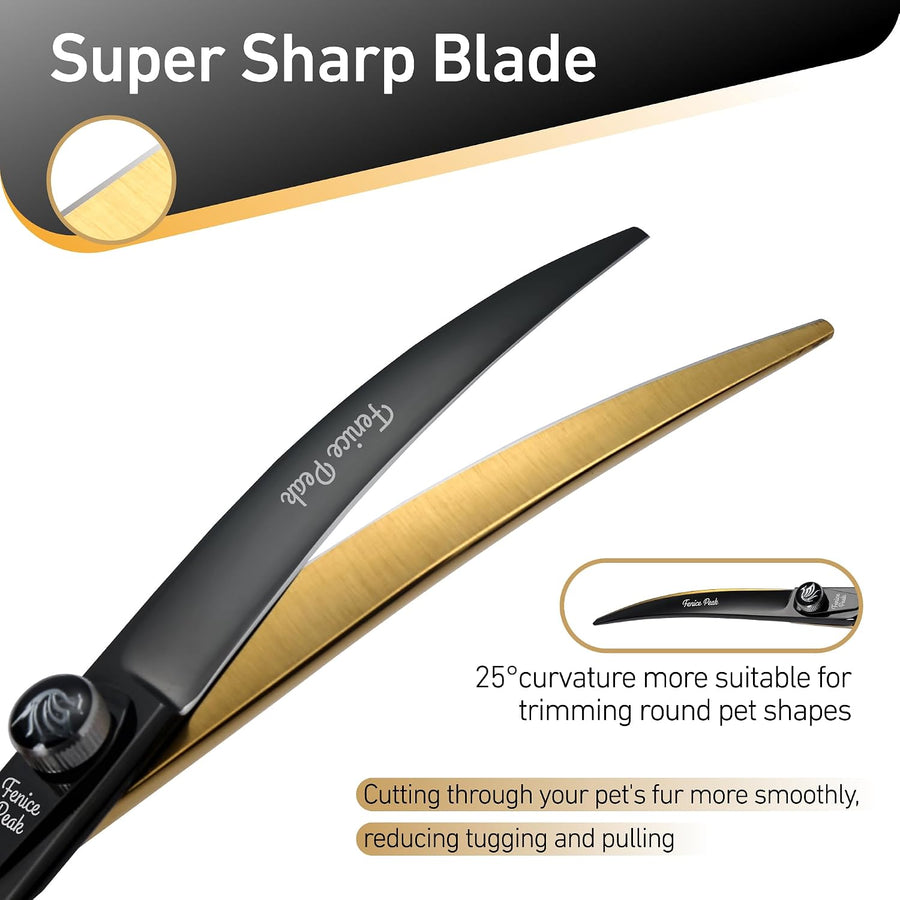 8'' Black Dog Grooming Scissors Goldern Curved Scissors with Ergonomic Offest Ha