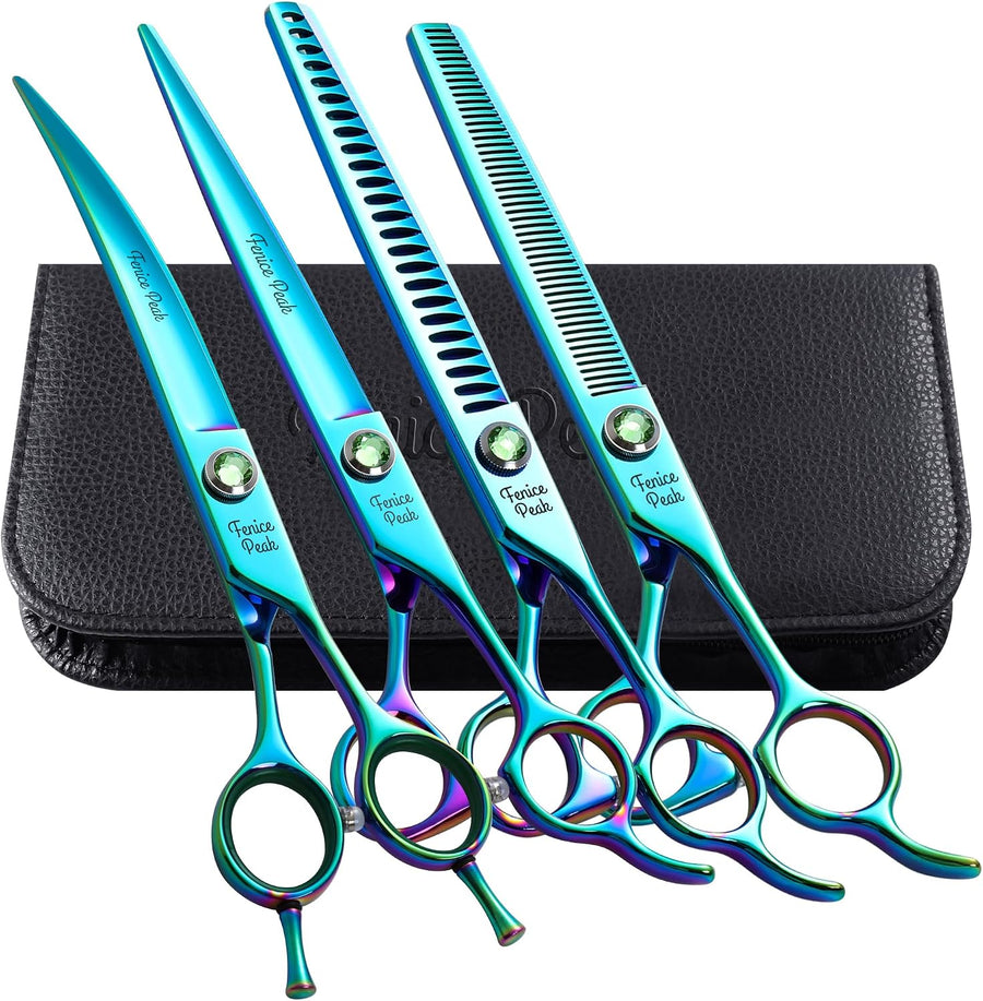 Green Dog Grooming Scissors Set Straight Thinning Curved and Chunker Shears 4PCS