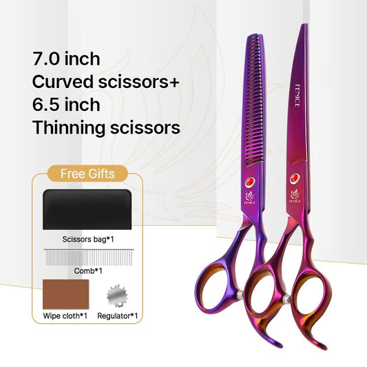 Fenice New design colorful 7.0 inch pet grooming scissors set straight thinning curved scissors