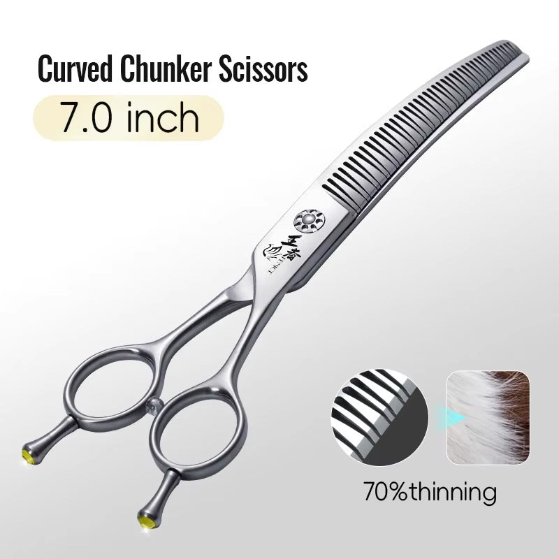 Fenice 7.0 Inch VG10 Steel 3D Gradient Traceless Teeth Pet Curved_Straight Chunker Scissors Bearing Screws Pet Grooming Shears