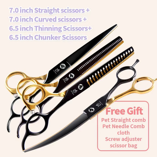 Fenice Professional Black and Gold Two-Color Pet Dogs Grooming Scissors Set for Small Dogs Straight Curved Thinning  Shears