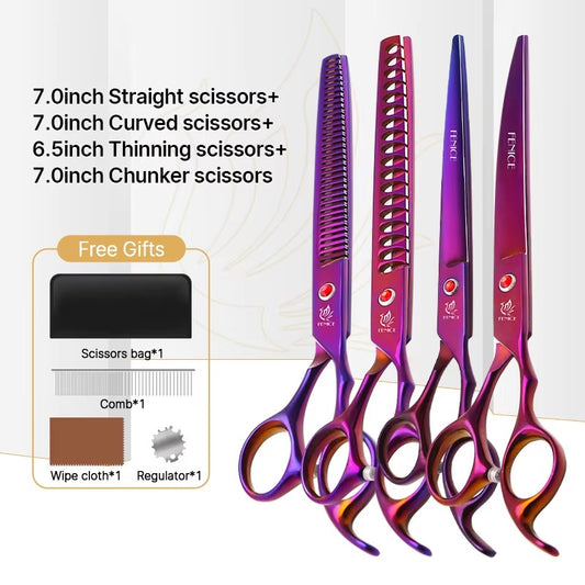 Fenice New design colorful 7.0 inch pet grooming scissors set straight thinning curved scissors