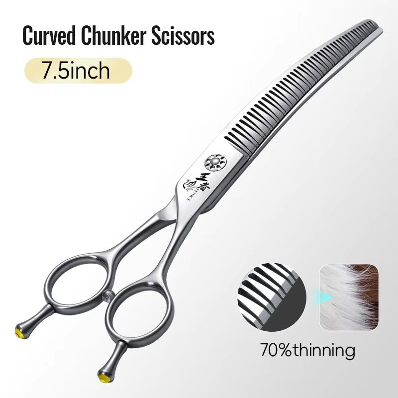 Fenice 7.0 Inch VG10 Steel 3D Gradient Traceless Teeth Pet Curved_Straight Chunker Scissors Bearing Screws Pet Grooming Shears