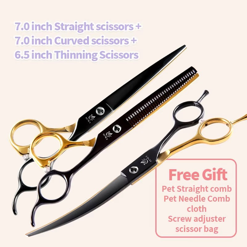 Fenice Professional Black and Gold Two-Color Pet Dogs Grooming Scissors Set for Small Dogs Straight Curved Thinning  Shears