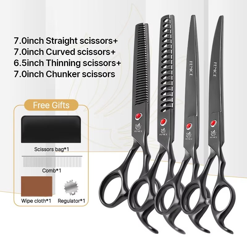 Fenice New design colorful 7.0 inch pet grooming scissors set straight thinning curved scissors