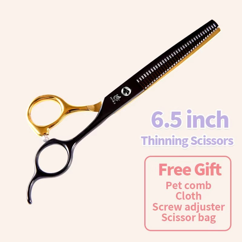 Fenice Professional Black and Gold Two-Color Pet Dogs Grooming Scissors Set for Small Dogs Straight Curved Thinning  Shears
