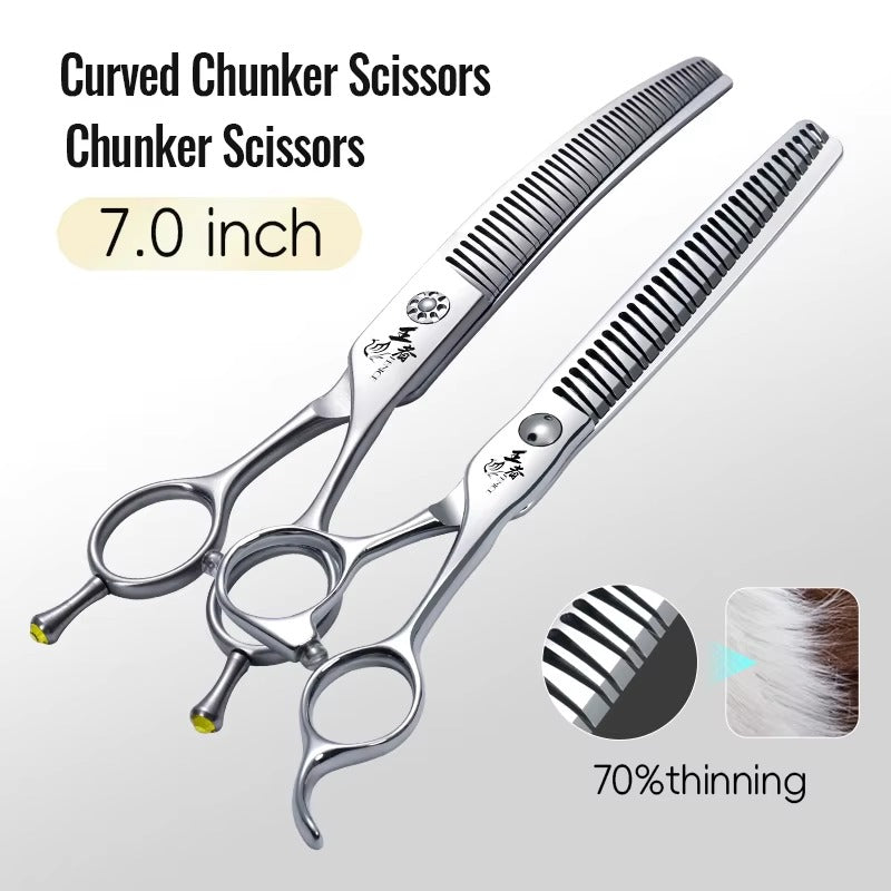 Fenice 7.0 Inch VG10 Steel 3D Gradient Traceless Teeth Pet Curved_Straight Chunker Scissors Bearing Screws Pet Grooming Shears