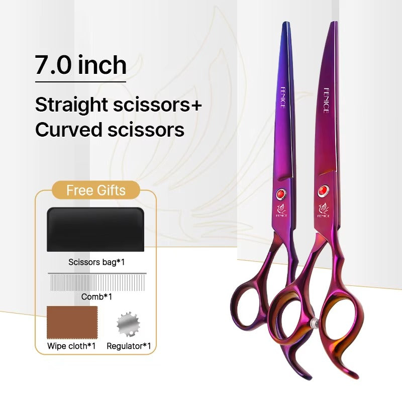 Fenice New design colorful 7.0 inch pet grooming scissors set straight thinning curved scissors