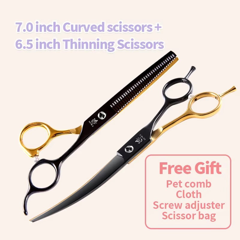 Fenice Professional Black and Gold Two-Color Pet Dogs Grooming Scissors Set for Small Dogs Straight Curved Thinning  Shears