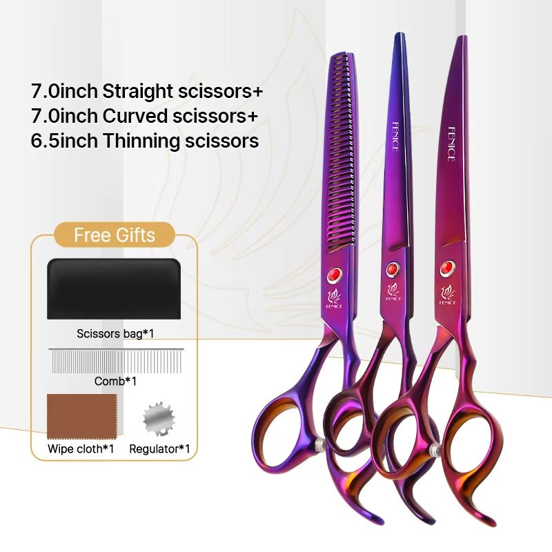 Fenice New design colorful 7.0 inch pet grooming scissors set straight thinning curved scissors