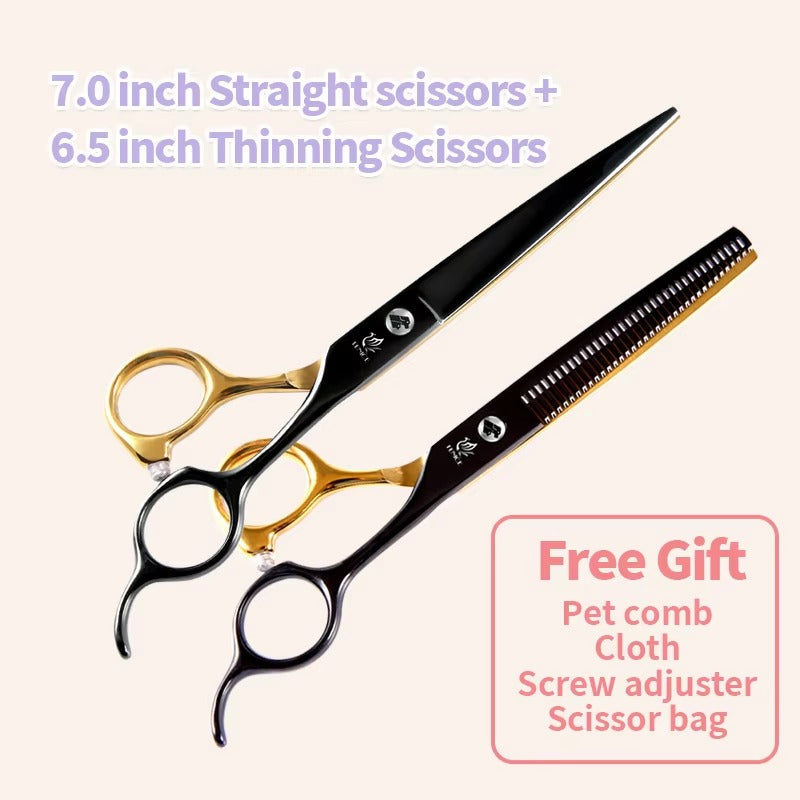 Fenice Professional Black and Gold Two-Color Pet Dogs Grooming Scissors Set for Small Dogs Straight Curved Thinning  Shears