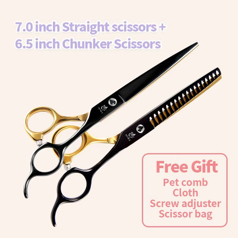 Fenice Professional Black and Gold Two-Color Pet Dogs Grooming Scissors Set for Small Dogs Straight Curved Thinning  Shears