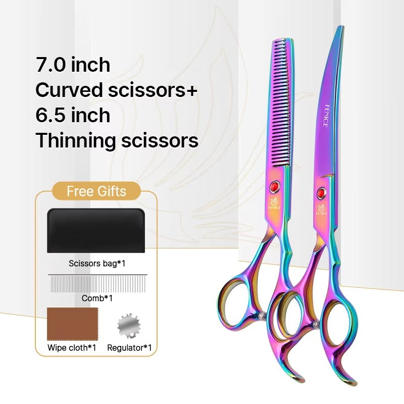 Fenice New design colorful 7.0 inch pet grooming scissors set straight thinning curved scissors