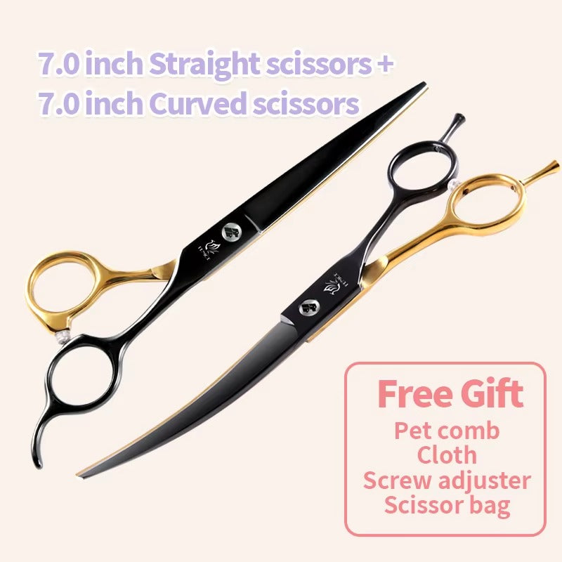 Fenice Professional Black and Gold Two-Color Pet Dogs Grooming Scissors Set for Small Dogs Straight Curved Thinning  Shears
