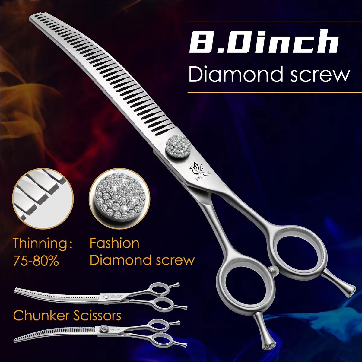 Fenice 7.0_7.5 inch Professional Dog Grooming Shears Curved Thinning Scissors for Dog Face Body Cutiing JP 440C High Quality