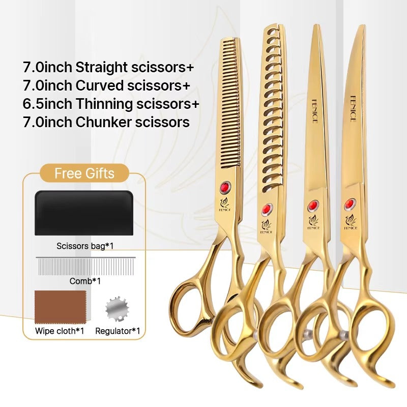 Fenice New design colorful 7.0 inch pet grooming scissors set straight thinning curved scissors