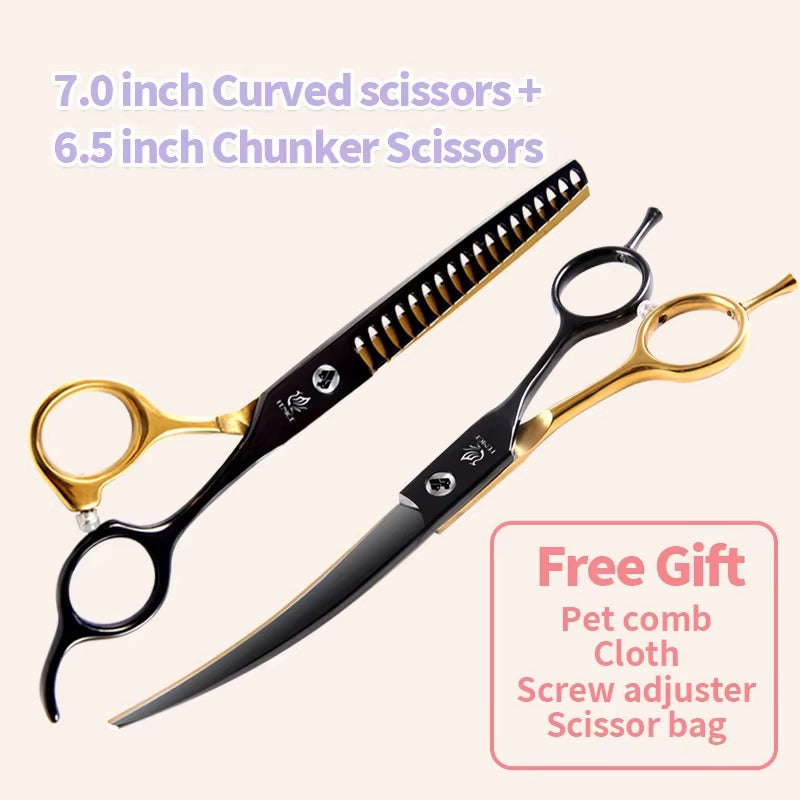 Fenice Professional Black and Gold Two-Color Pet Dogs Grooming Scissors Set for Small Dogs Straight Curved Thinning  Shears