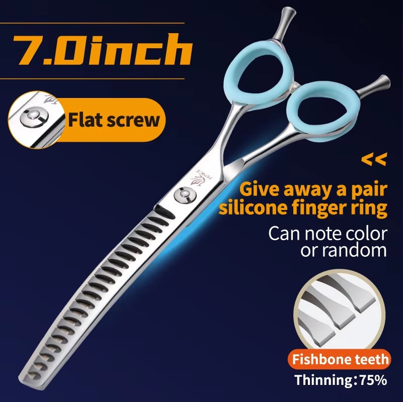 Fenice 7.0_7.5 inch Professional Dog Grooming Shears Curved Thinning Scissors for Dog Face Body Cutiing JP 440C High Quality