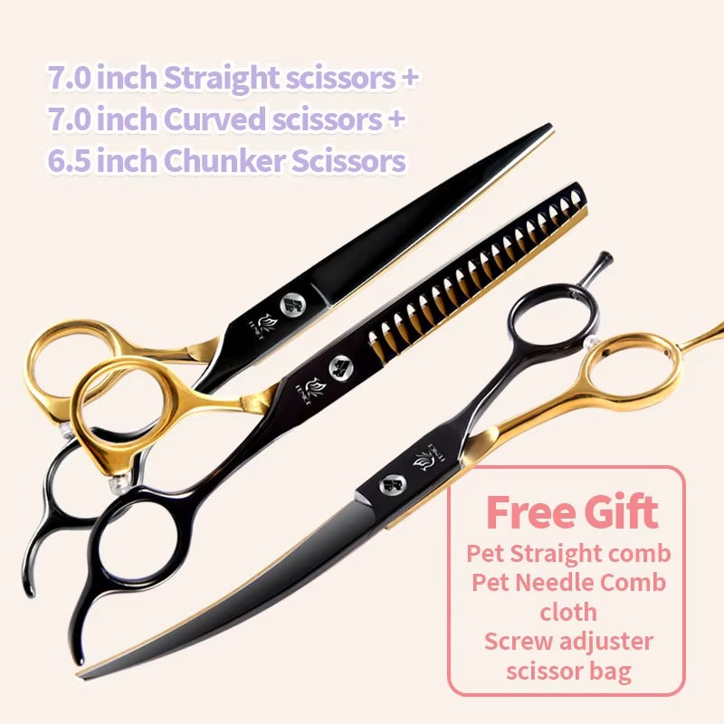 Fenice Professional Black and Gold Two-Color Pet Dogs Grooming Scissors Set for Small Dogs Straight Curved Thinning  Shears