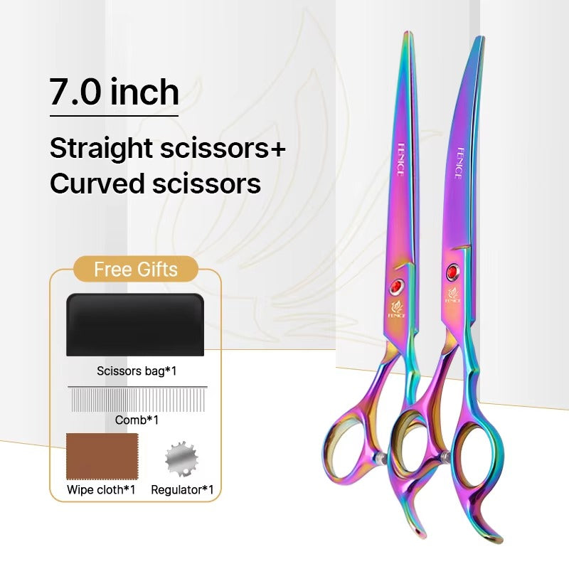 Fenice New design colorful 7.0 inch pet grooming scissors set straight thinning curved scissors