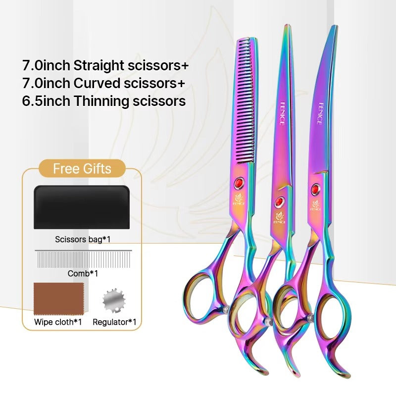 Fenice New design colorful 7.0 inch pet grooming scissors set straight thinning curved scissors