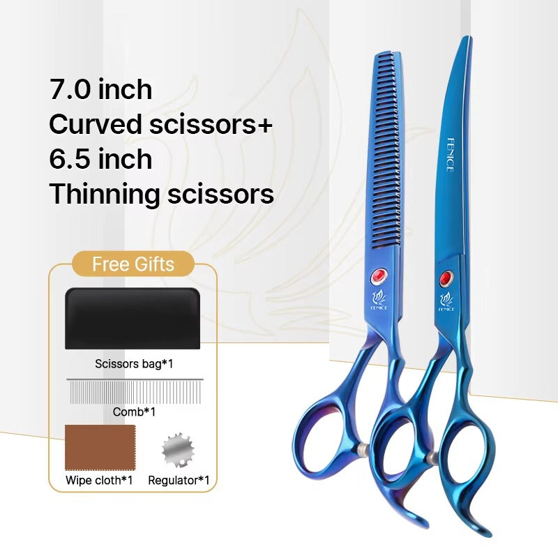 Fenice New design colorful 7.0 inch pet grooming scissors set straight thinning curved scissors