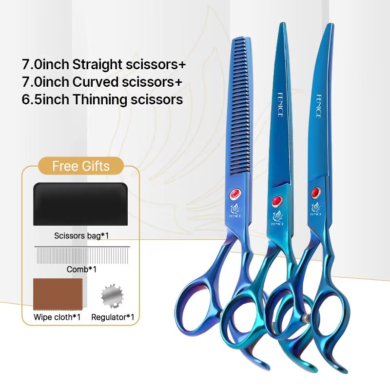 Fenice New design colorful 7.0 inch pet grooming scissors set straight thinning curved scissors